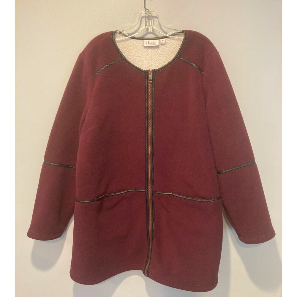 d&co Women's Plum Purple Fleece Full Zip Collarless Tunic Coat Jacket Pockets